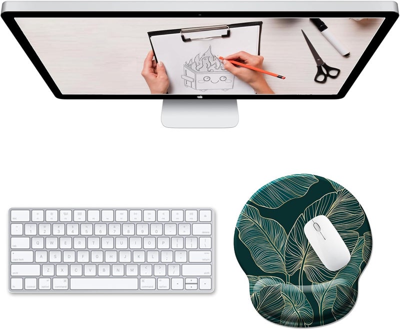 Hancynir Ergonomic Mouse Pad Wrist Support, Green Tropical Leaves Mouse Pads with Wrist Rest, Computer Mousepad for Gaming with Non-Slip PU Base, Comfortable Mouse Pad Office Decor Desk Accessories - Image 2